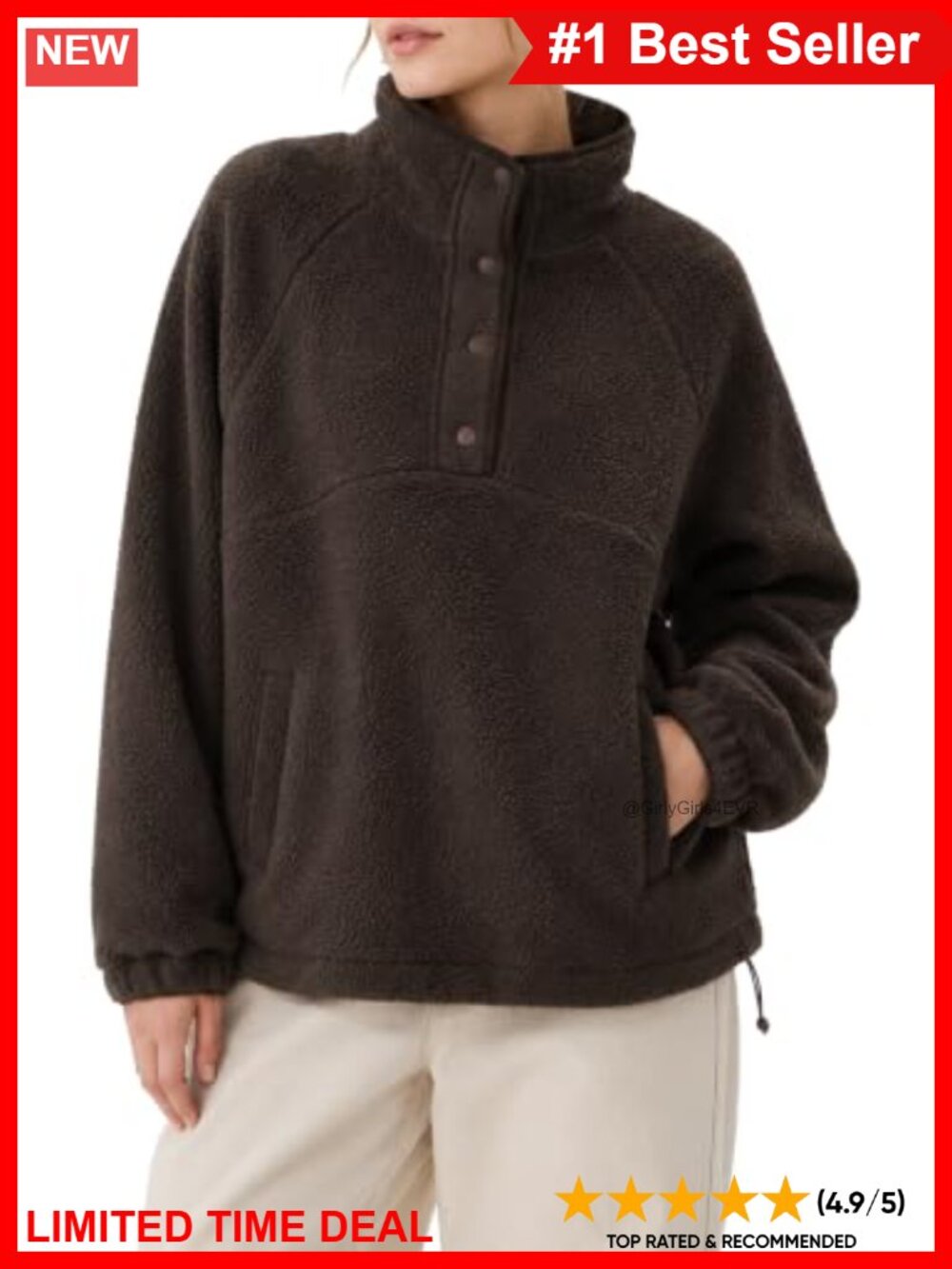 Sherpa Fleece Snap Collar Pullover Sweatshirt with Pockets Oversized